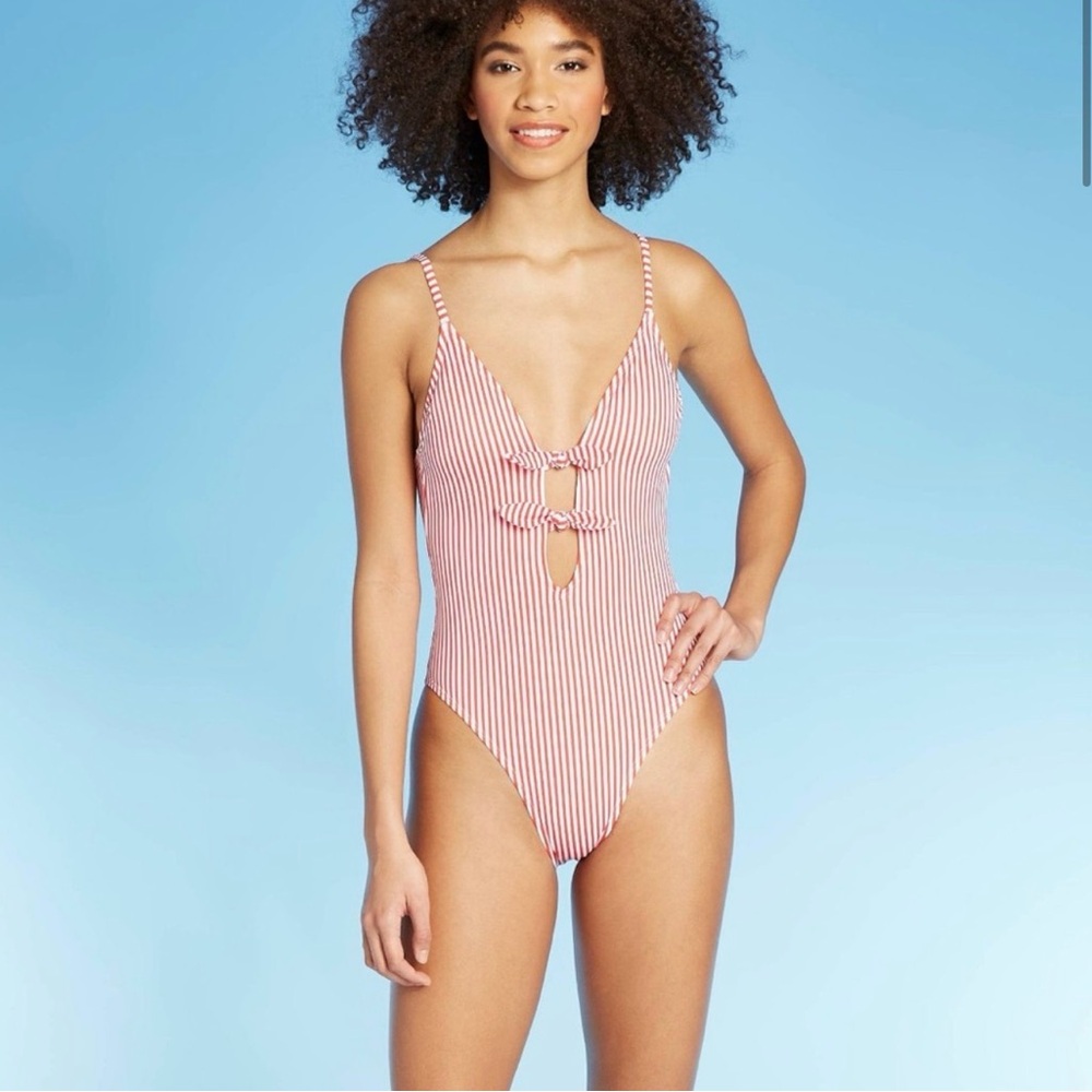 NWOT Xhilaration Front Tie Red Striped Swimsuit SMALL